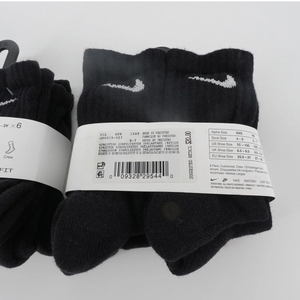 Nike Kids Two 6 Packs Dri-FIT Everyday Cushioned Crew Socks Black XS NEW